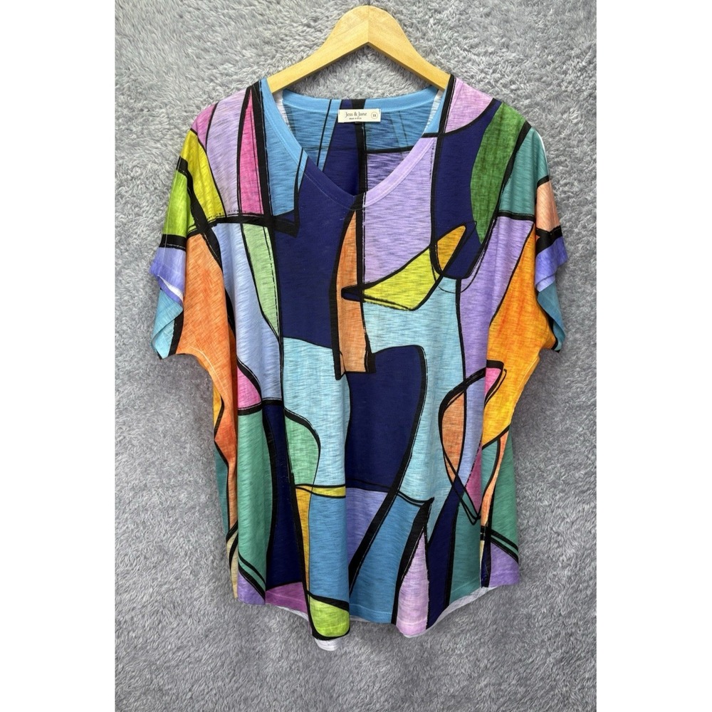Jess & Jane Womens 1X Top Geometric Print Short Sleeve Art to Wear Colorful Boho